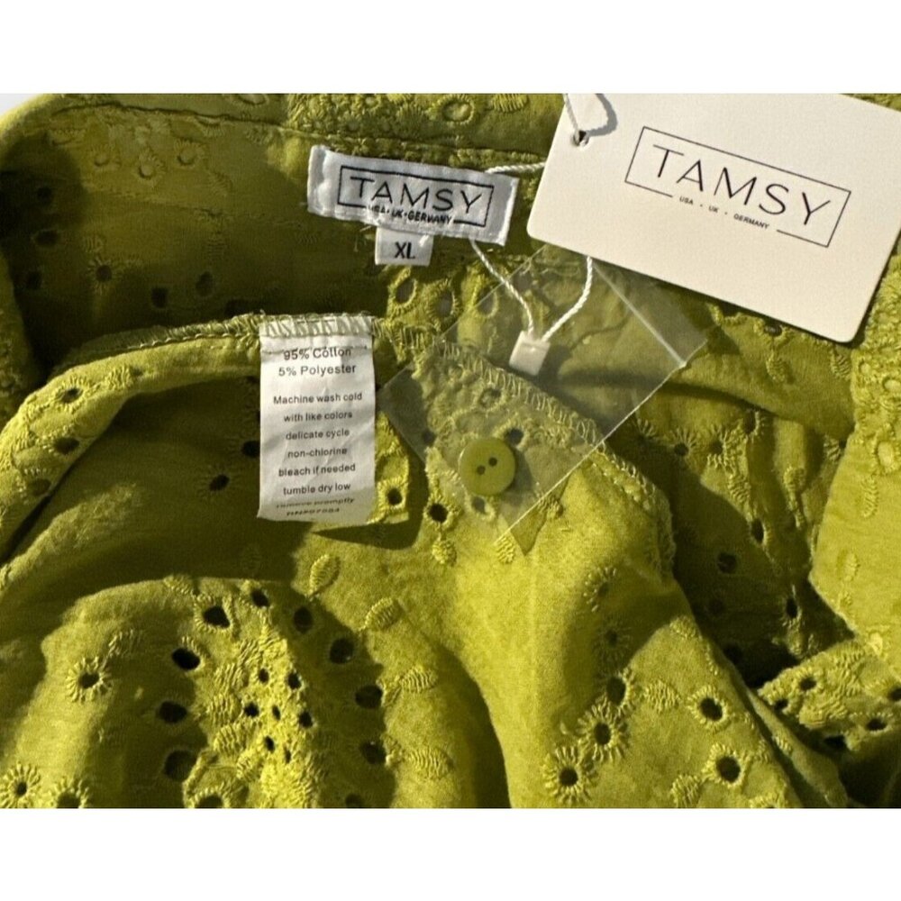 NEW TAMSY Womens XL Erin Eyelet‎ Embroidered Tunic Top Olive Collared Buttons - Picture 9 of 10